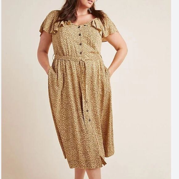 ANTHROPOLOGIE BOLONO CHEETAH PRINT BUTTON UP RUFFLE BELTED DRESS size 16W NWOT - Picture 1 of 7